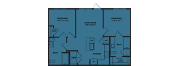 A blueprint of a house layout with three bedrooms, a living room, a kitchen, a bath, and a laundry area.