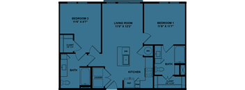 A floor plan of a house with three bedrooms and a laundry room.