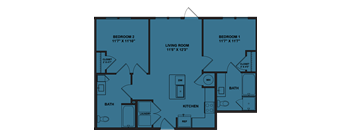 A blueprint of a house layout with two bedrooms, a living room, a kitchen, a bath, and a laundry area.