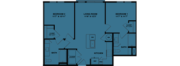 A floor plan of a house with three bedrooms and a living room.