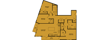 A floor plan of a house with four bedrooms, a living room, a kitchen, a bath, and a laundry area.