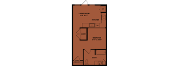 A floor plan of a small apartment with a living room, kitchen, bedroom, bathroom, and laundry space.