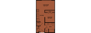 A floor plan of a small apartment with a living room, kitchen, bedroom, bathroom, and laundry area.