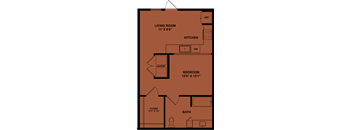 A floor plan of a small apartment with a living room, kitchen, bedroom, bathroom, and laundry space.
