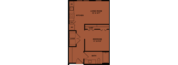 A floor plan of a small apartment with a living room, kitchen, laundry, bedroom, and bathroom.