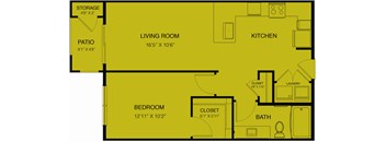 A floor plan of a house with a living room, kitchen, bedroom, bathroom, and laundry room.