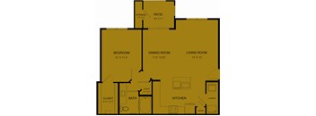 A floor plan of a house with a bedroom, dining room, living room, kitchen, bath, closet, and storage.