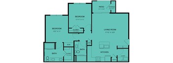 A floor plan of a house with a living room, two bedrooms, a bathroom, a kitchen, a pantry, a closet, a desk, and a patios.