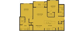 A yellow floor plan of a house with a living room, two bedrooms, a dining room, a kitchen, a pantry, two bathrooms, and a laundry area.