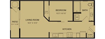 A floor plan of a small apartment with a living room, kitchen, bedroom, bathroom, and patio.