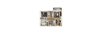 A top-down view of a small, neatly organized apartment.