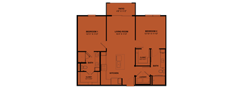 A floor plan of a house with a living room, two bedrooms, a kitchen, two bathrooms, and two closets.