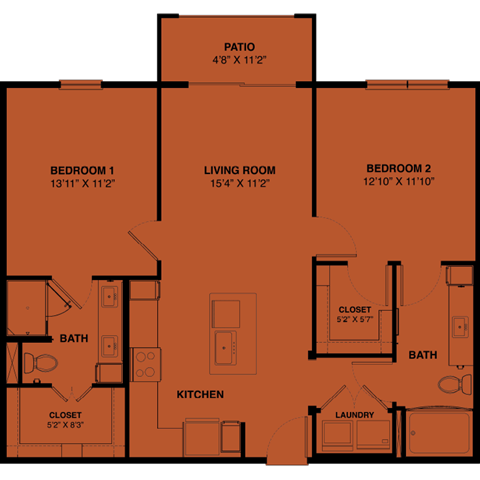 B1a 2 bedroom apartment floorplan at the Park at Speyside