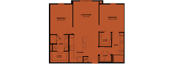 A floor plan of a house with two bedrooms, a living room, a kitchen, a bathroom, and a laundry area.