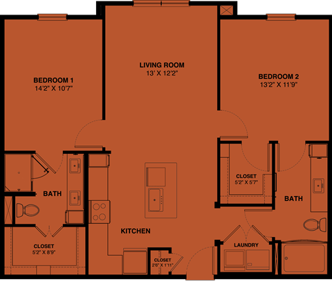 B1c 2 bedroom apartment floorplan at the Park at Speyside