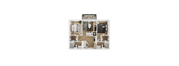 A top-down view of a small apartment layout with a kitchen, living room, and bathroom.
