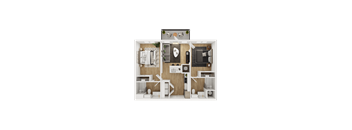 A 3D floor plan of a small apartment with a kitchen, living room, and bathroom.