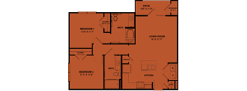 A floor plan of a house with two bedrooms, a living room, a kitchen, a bathroom, a pantry, a storage area, and a patio.