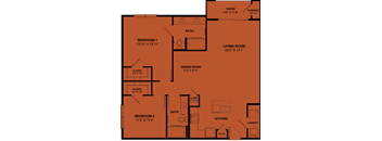 A floor plan of a house with two bedrooms, a living room, a dining room, a kitchen, a bathroom, a pantry, and a laundry area.