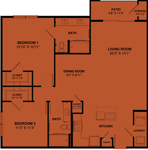 B2b 2 bedroom apartment floorplan at the Park at Speyside