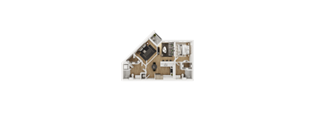 A top-down view of a house layout with a kitchen, living room, and bedrooms.