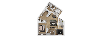A top-down view of a house floor plan with a living room, kitchen, and two bedrooms.