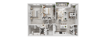 A top-down view of a well-organized, modern kitchen and living room.