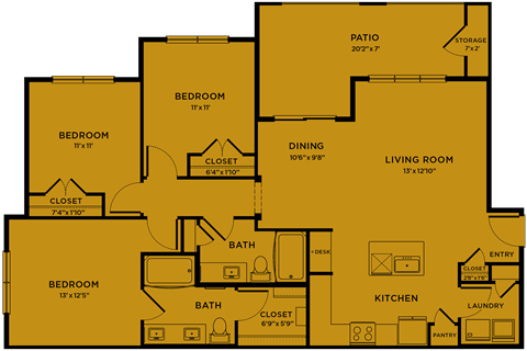 C1 80% MFI affordable 3 bedroom apartment floorplan at Bridge at Paloma