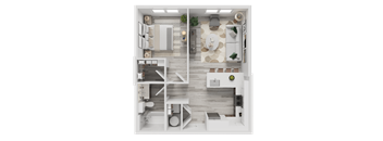 A top-down view of a modern, minimalist apartment with a kitchen, living room, and bedroom.