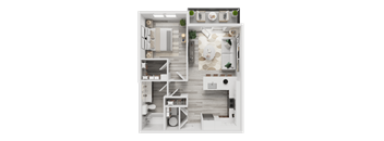 A 3D floor plan of a small apartment with a kitchen, living room, and bathroom.