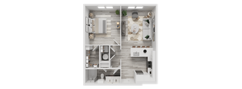 A modern, minimalist interior design layout with a kitchen, living room, and bathroom.