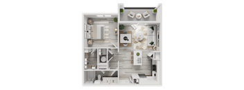 A top-down view of a modern apartment layout with a kitchen, living room, and bathroom.