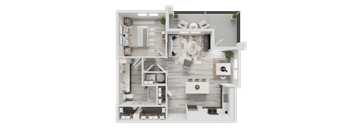 A 3D floor plan of a house with a kitchen, living room, dining room, and two bedrooms.