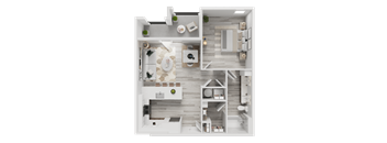 A 3D floor plan of a house with a kitchen, living room, and bathroom.