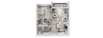 A top-down view of a modern apartment layout with a kitchen, living room, and bathroom.