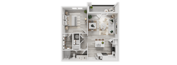 A top-down view of a modern, minimalist apartment with a kitchen, living room, and bedroom.