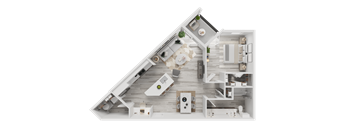 A 3D floor plan of a house with a kitchen, living room, and bathroom.
