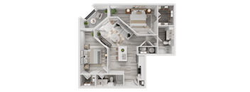 A detailed 3D floor plan of a modern house layout.