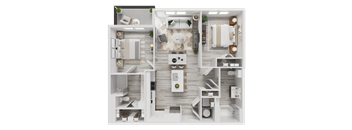 A detailed 3D floor plan of a modern apartment layout.