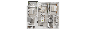 A detailed 3D floor plan of a modern apartment layout.