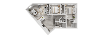 A top-down view of a house layout with a kitchen, living room, and bathrooms.