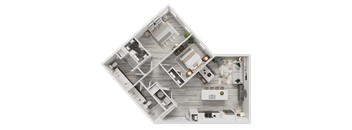 A top-down view of a house layout with multiple rooms and furniture.