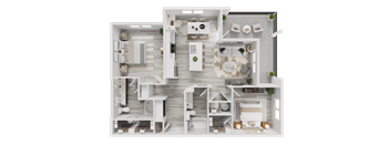 A 3D rendered image of a modern apartment layout.