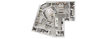 A 3D rendered image of a modern house layout.