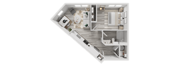 A top-down view of a modern apartment layout with a kitchen, living room, and bedrooms.
