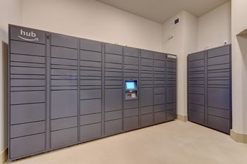 A row of lockers with the word Hub on the top left.