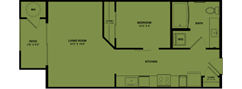 A floor plan of a home with a living room, kitchen, bedroom, bathroom, and patio.