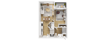A top-down view of a small apartment with a kitchen, living room, and bedroom.