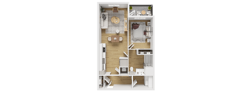 A top-down view of a small apartment with a living room, kitchen, and bedroom.