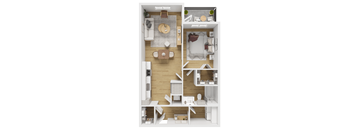 A top-down view of a small apartment with a kitchen, living room, and bedroom.
